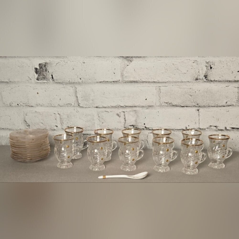 Vintage Turkish Tea Coffee Set Gold Rim Glass Cups Saucers 23pc